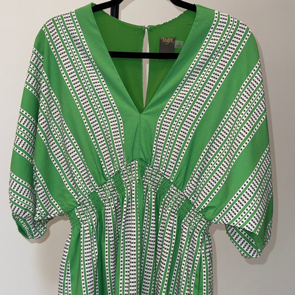 Taylor Elbow Sleeve V-Neck Smocked Waist Stripe Print Flare Dress. Size 10 - Picture 3 of 6